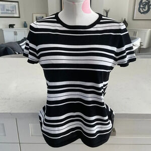Rino Rossi Knits SS Crew Neck Rayon & Nylon Striped Knit Top Black + White Sz M